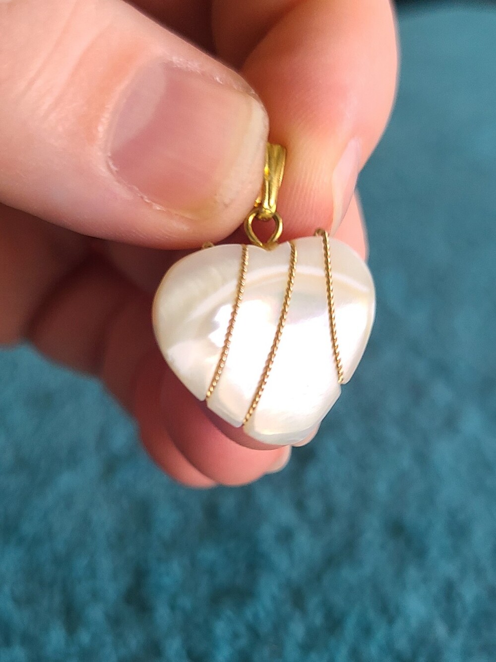 White Mother-of-Pearl Heart Pendant with Gold Wire Wrap